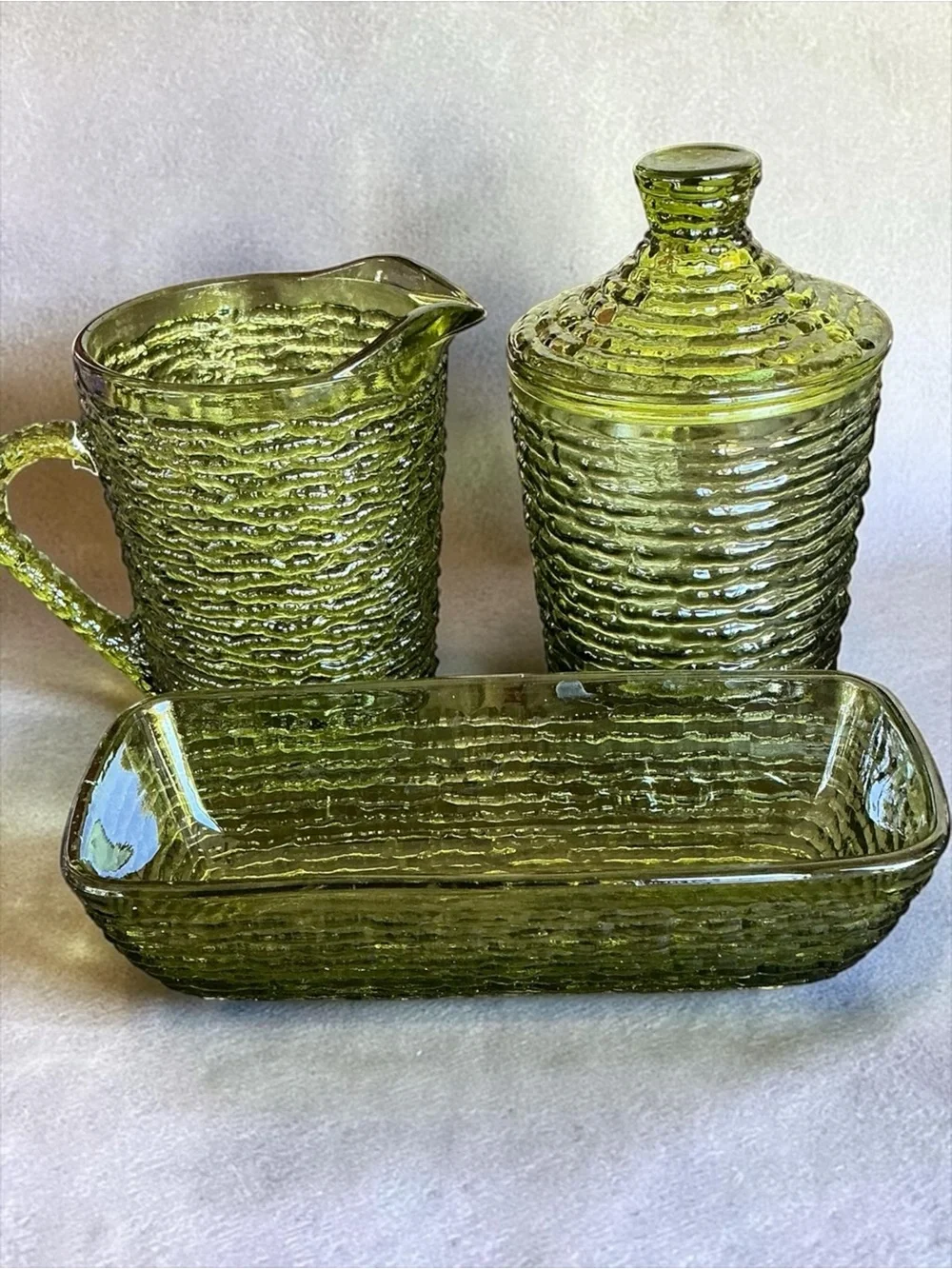 Vintage Anchor Hocking Soreno Avocado Green Glass Condiment Set MCM Retro